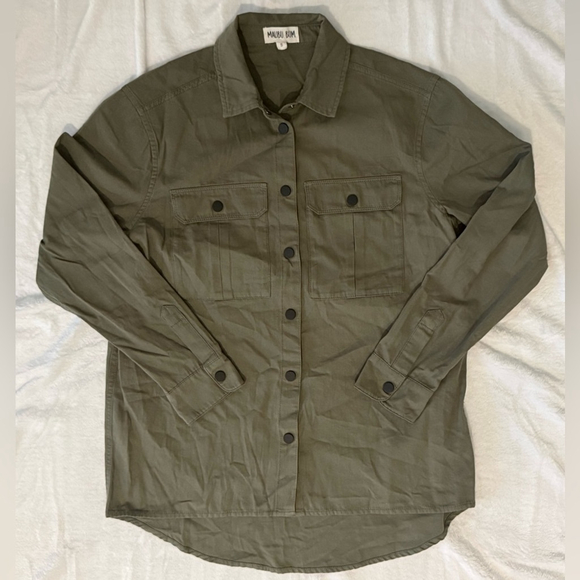 Malibu Bum Army Green Shacket Small Button-Up Utility Layering Top - Picture 11 of 16